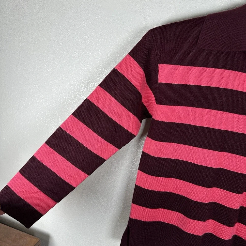 TALBOTS Wool Blend Johnny Collar Polo‎ Pullover Sweater Large Maroon Pink Stripe